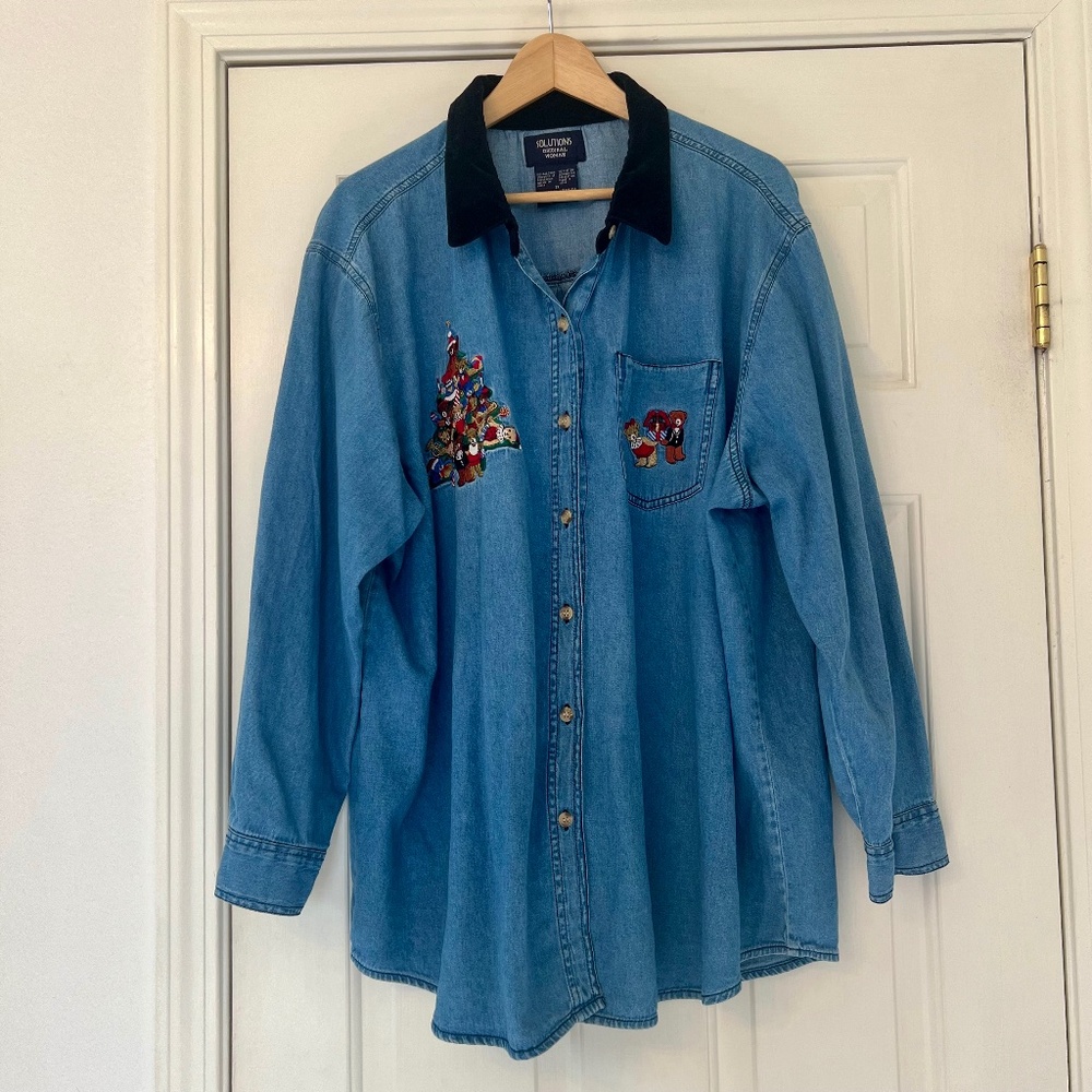Vintage Solutions Original Teddy Bear Christmas Button Up Denim Shirt
